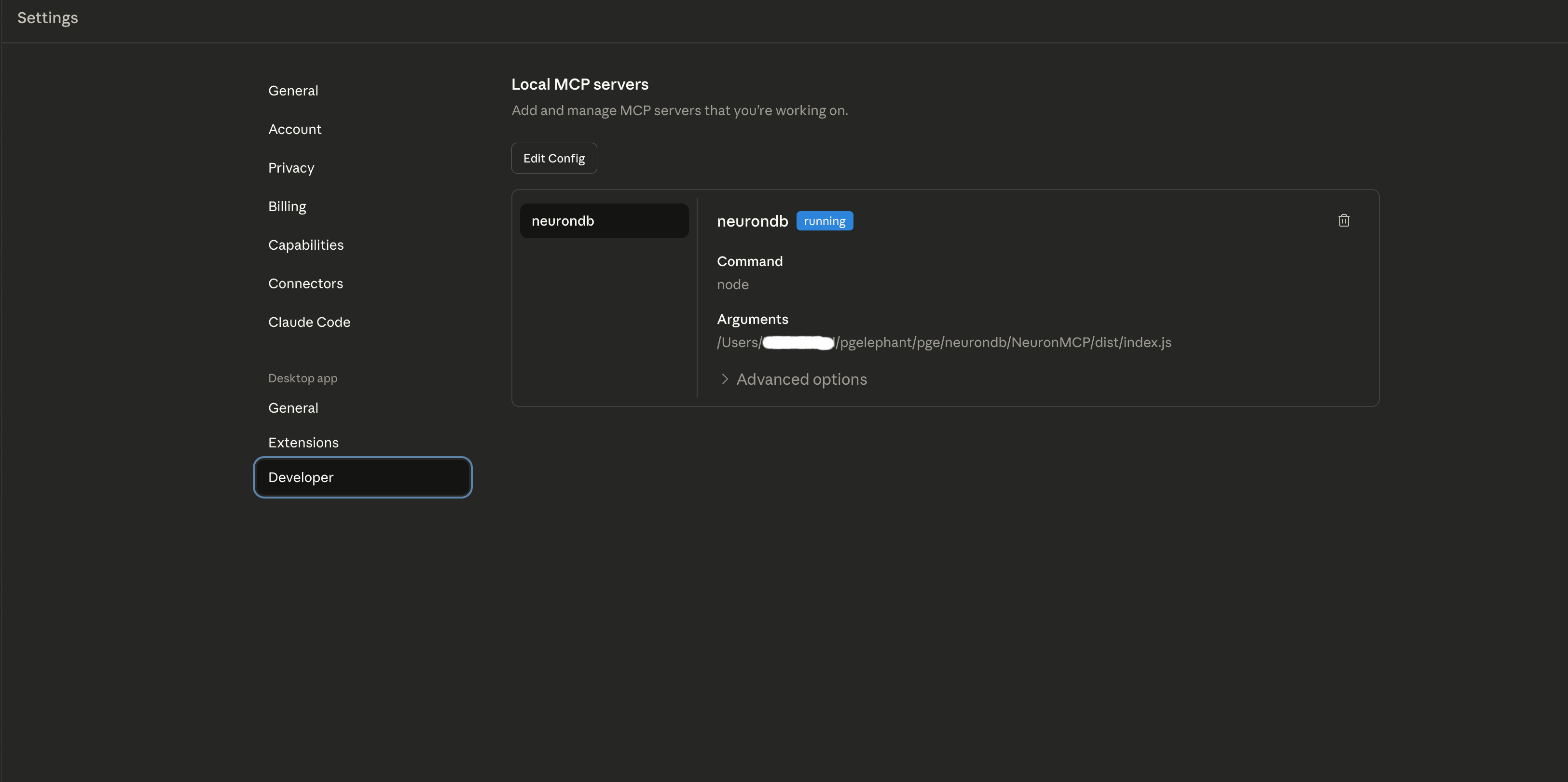 Claude Desktop settings showing NeuronMCP server configuration